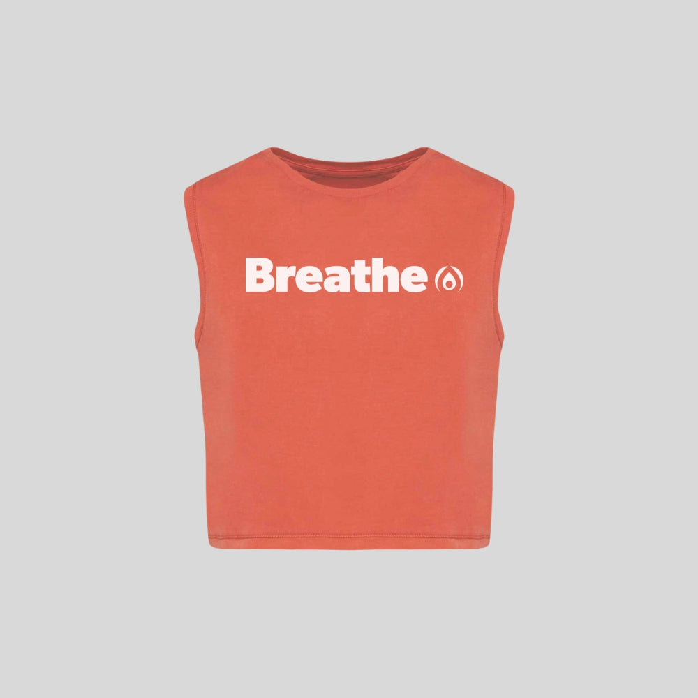 washed organic cropped vest top in amber orange with white 'Breathe' slogan and Flogo logo